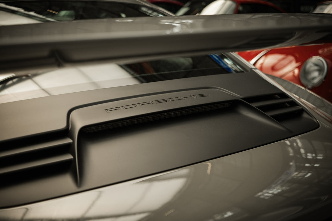 a close up of the hood of a car